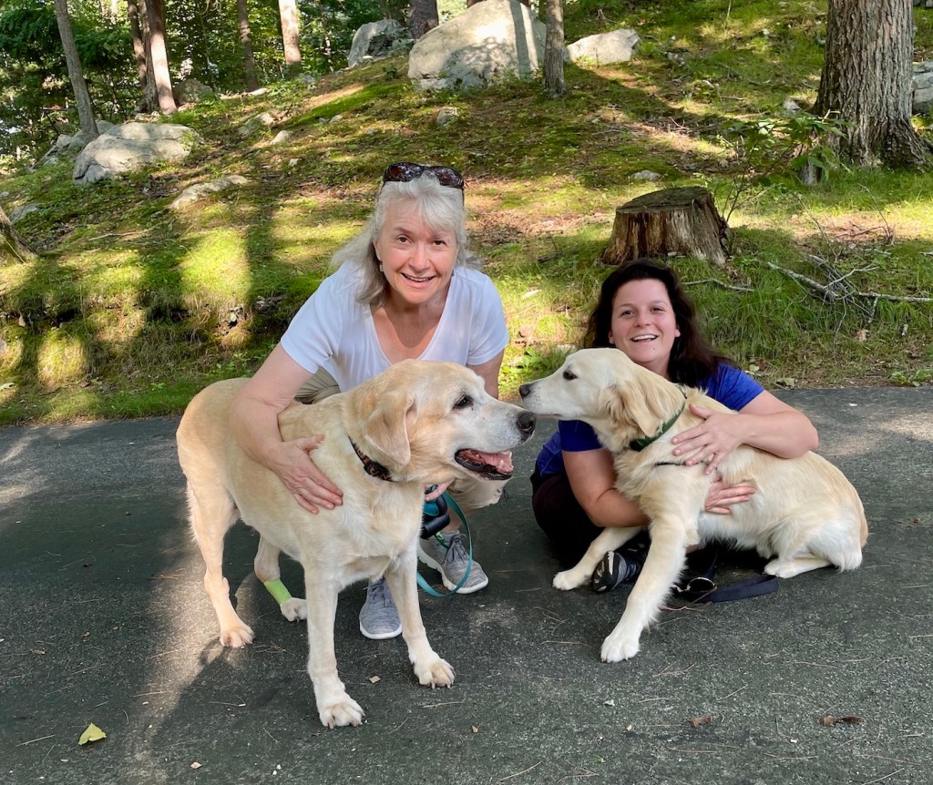 Nicole and Mia with a Lab and Golden Retriever